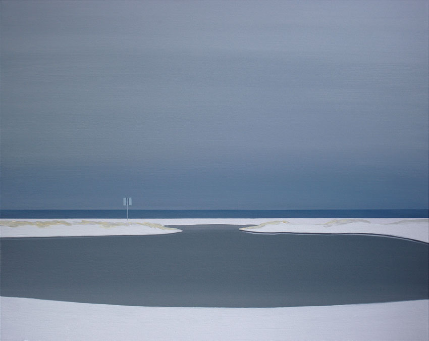 Obraz Tomasza Kołodziejczyka przedstawiający widok bałtyckiej plaży i morza po zimowym sztormie