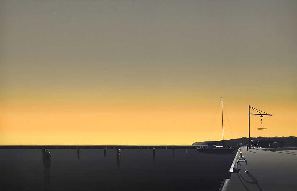 Obraz przedstawiający zachód słońca w gdyńskim porcie jachtowym