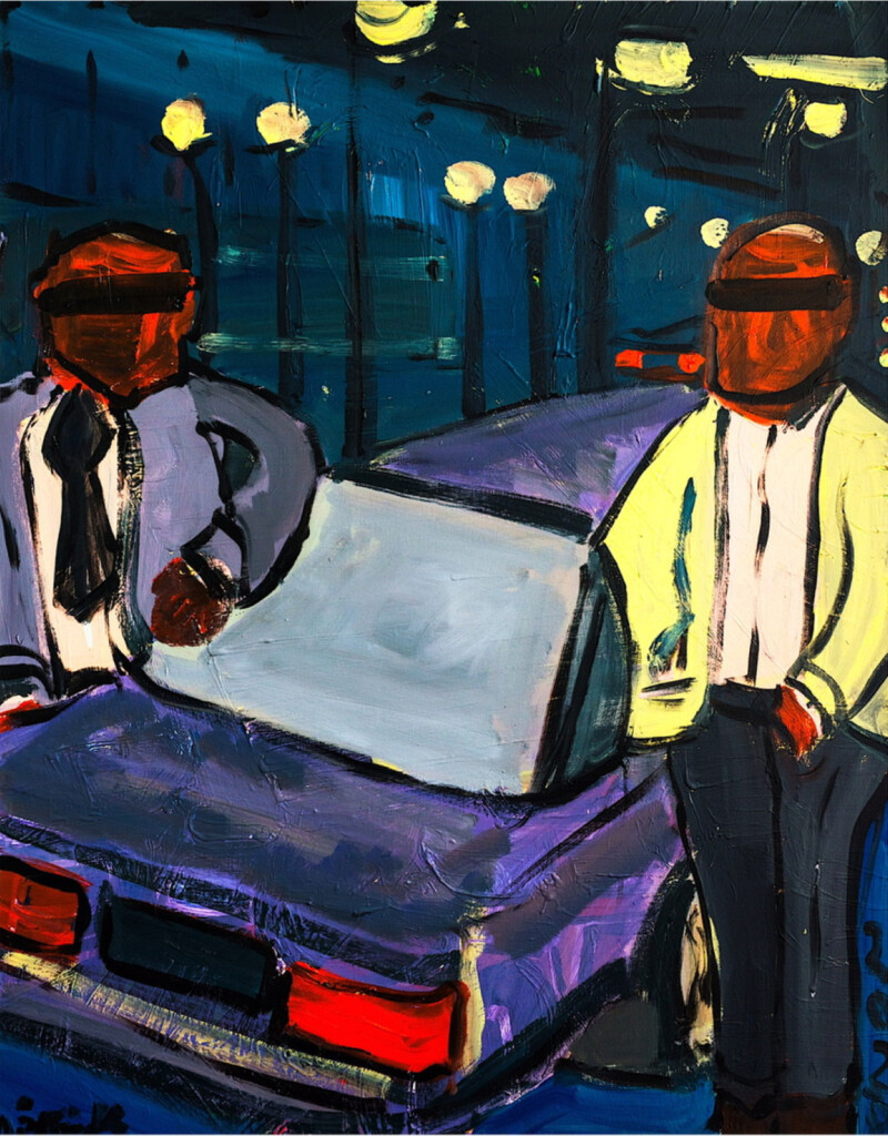 Obraz na płótnie przedstawiający dwóch facetów przy samochodzie. Ten ekspresyjny obraz namalował Michał Żytniak