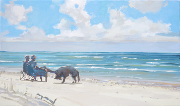 Obraz przedstawiający parę z psem na bałtyckiej plaży.