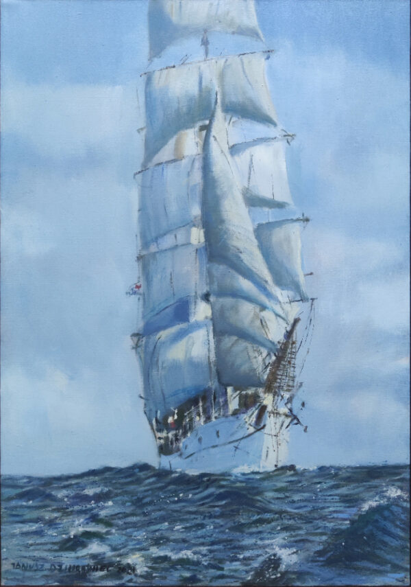 Obraz z żaglowcem na morzu, obraz Janusza Dziurawca.