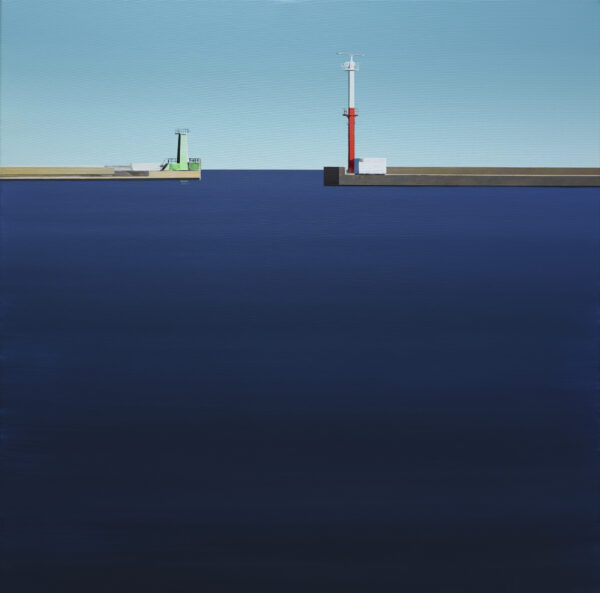 Obraz morski przedstawiający toń morską i główki portu. Obraz Tomasza Kołodziejczyka